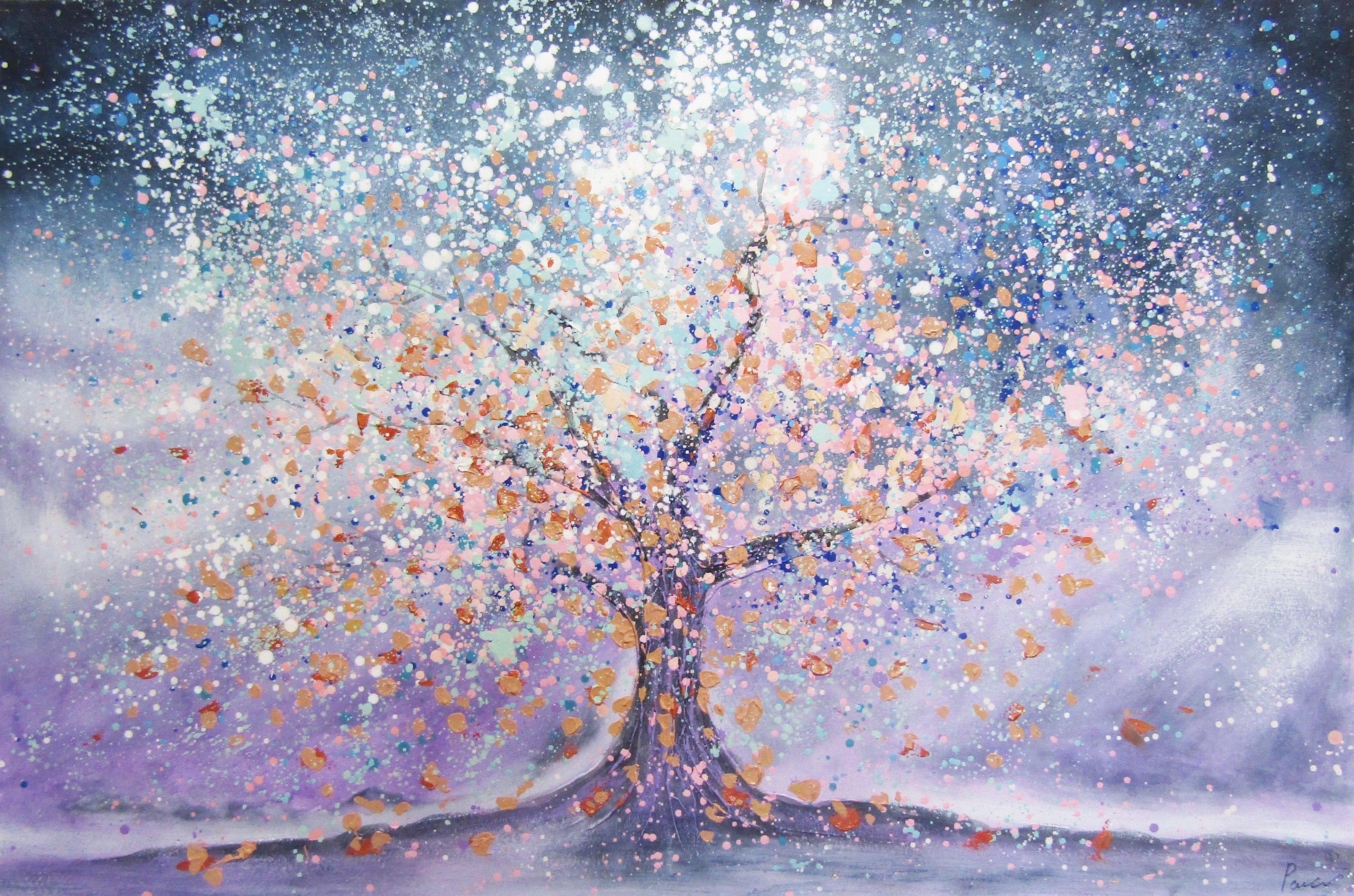 PXFC372 Wall décor art oil on canvas abstract cherry blossom tree pink blue white tones
